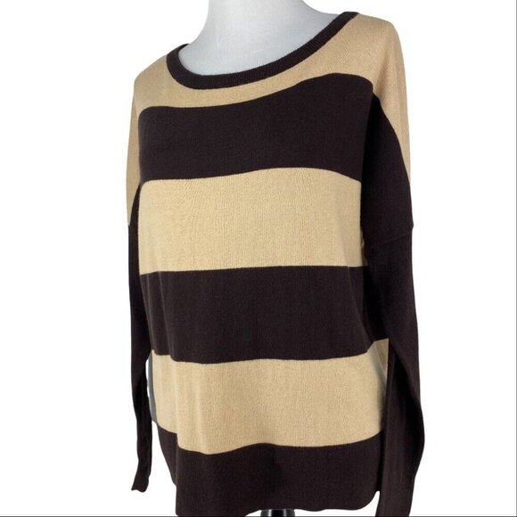 Covered by Suss Women's Tan Brown Striped Scoop Neck Designer Knit Sweater S/C44 - Picture 4 of 9